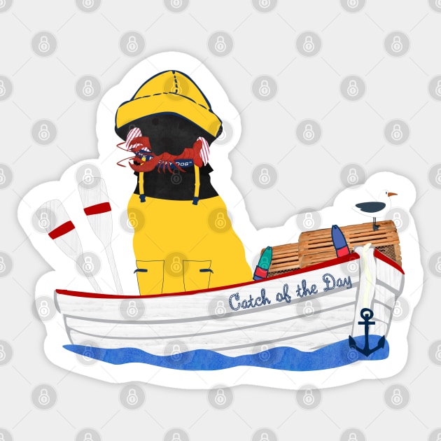 Preppy Black Lab Lobsterman Aboard The Catch of the Day Sticker by emrdesigns